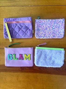 Ipsy lot of 4 Glam Bags in purple hues and funky designs.  Cosmetic Bag set